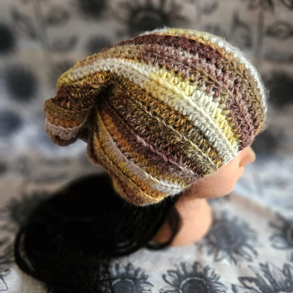 Crochet Wool Mix Slouchy Green Brown Beanie Hat - Picture 10 of 12
